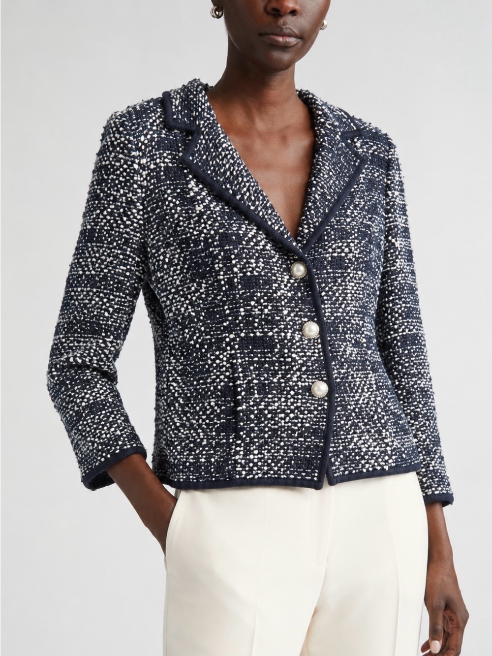 St. John Textured Knit Printed Tweed Blazer, Navy and White | Size 8